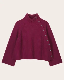 Bompard Pulls, Gilets-Cashmere ribbed oversized buttoned stand-up collar sweater Prune