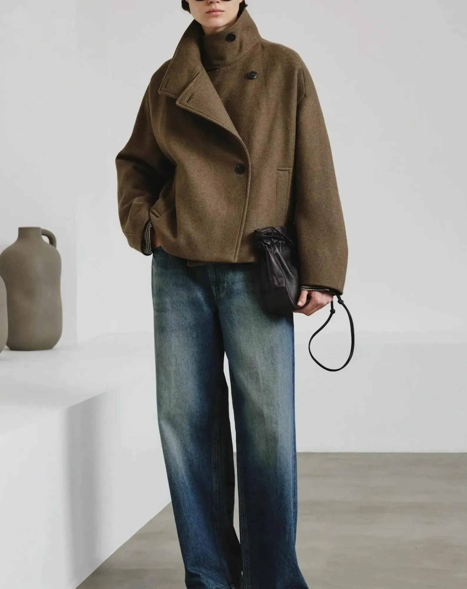 Pomandère Vestes, Manteaux-Felt Wool Coat Vert mousse
