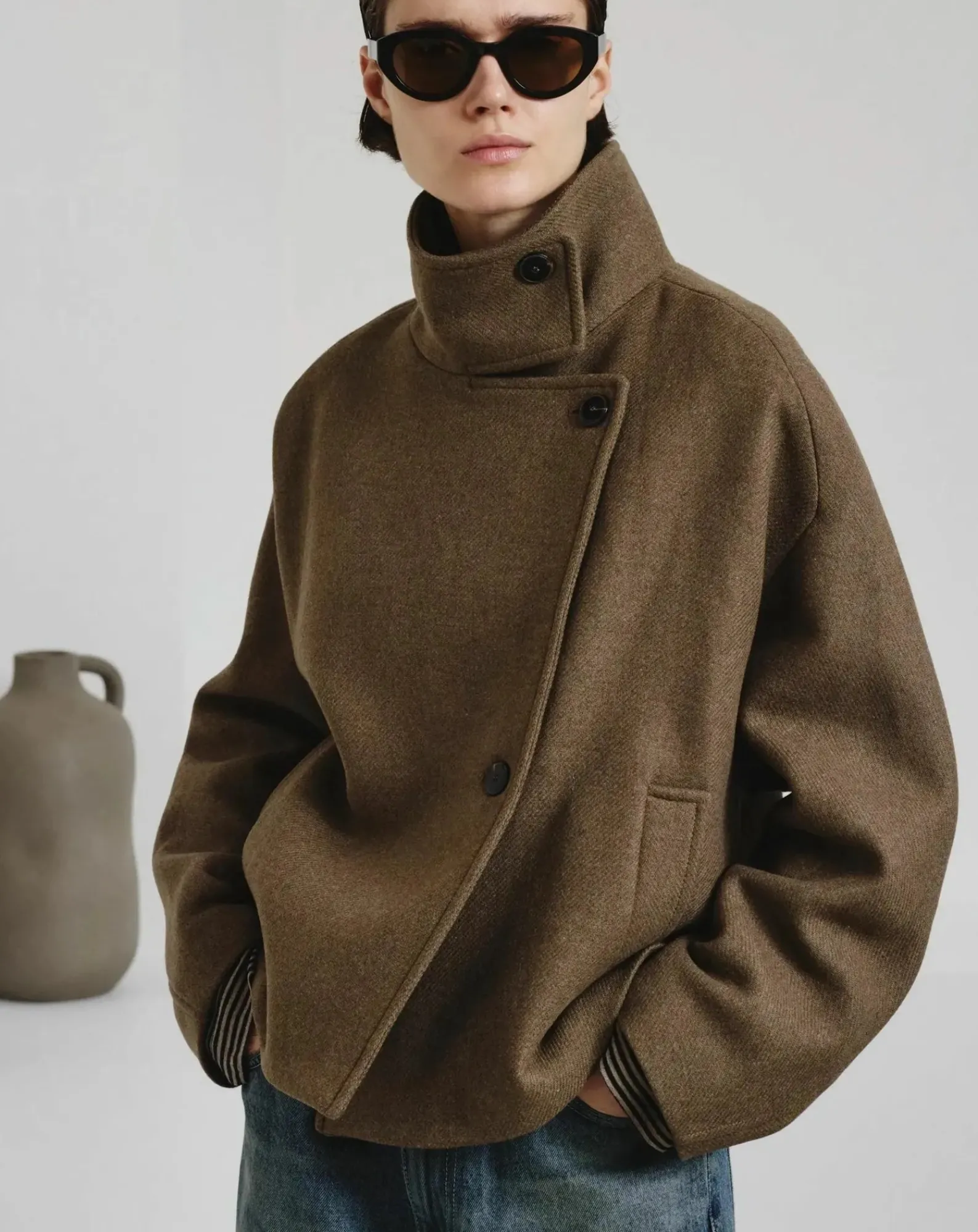 Pomandère Vestes, Manteaux-Felt Wool Coat Vert mousse