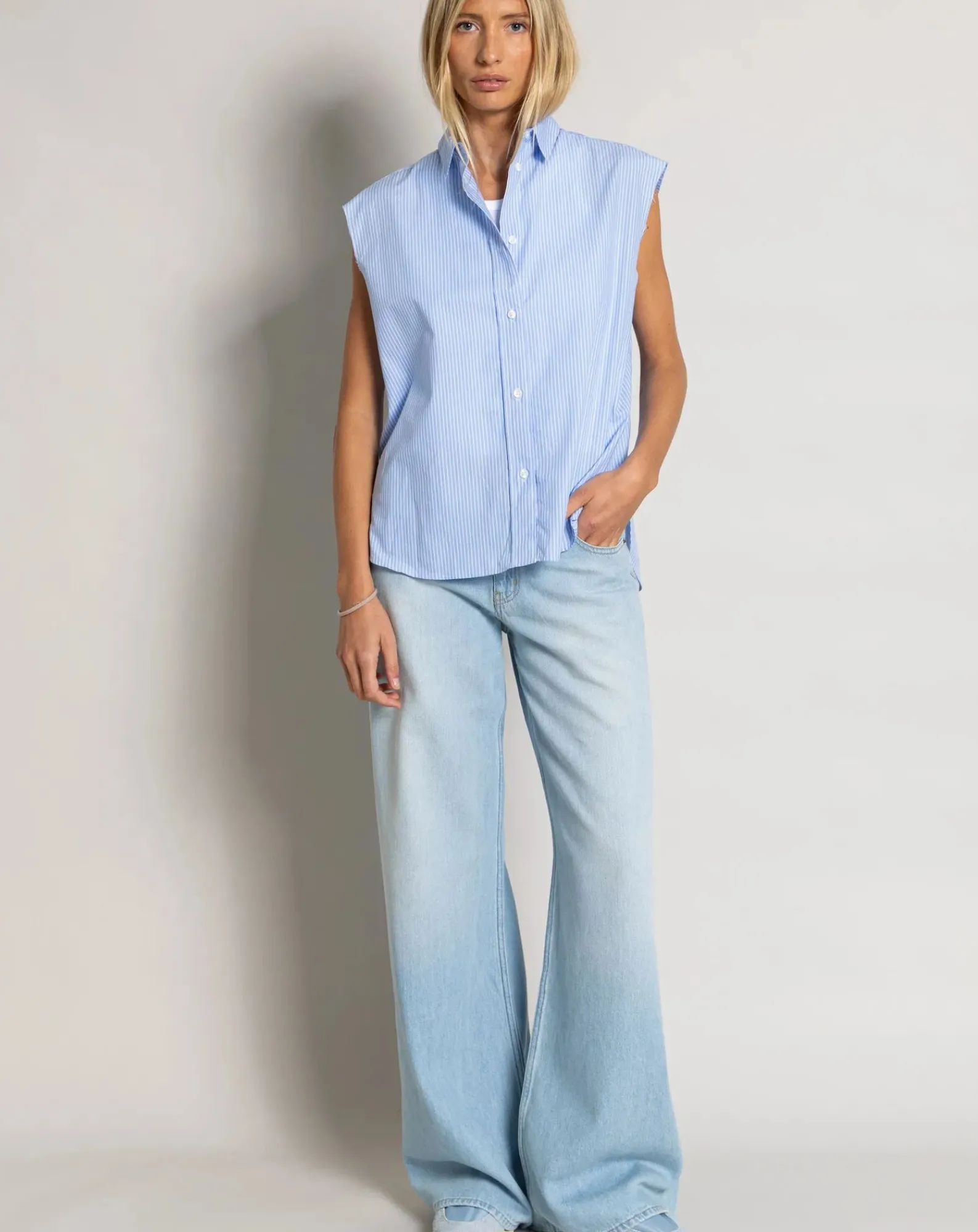 Smallable Woman Blouses, Chemises-Laura Striped Sleeveless Shirt Bleu Clair
