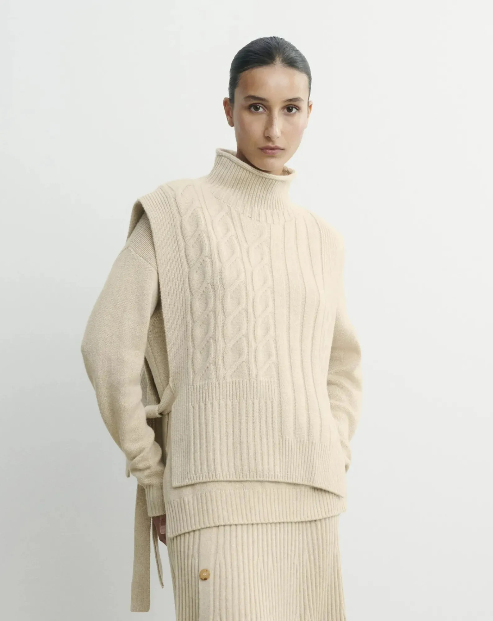 Bompard Pulls, Gilets-Long Belted Plastron Twists and Ribs Cashmere Avoine