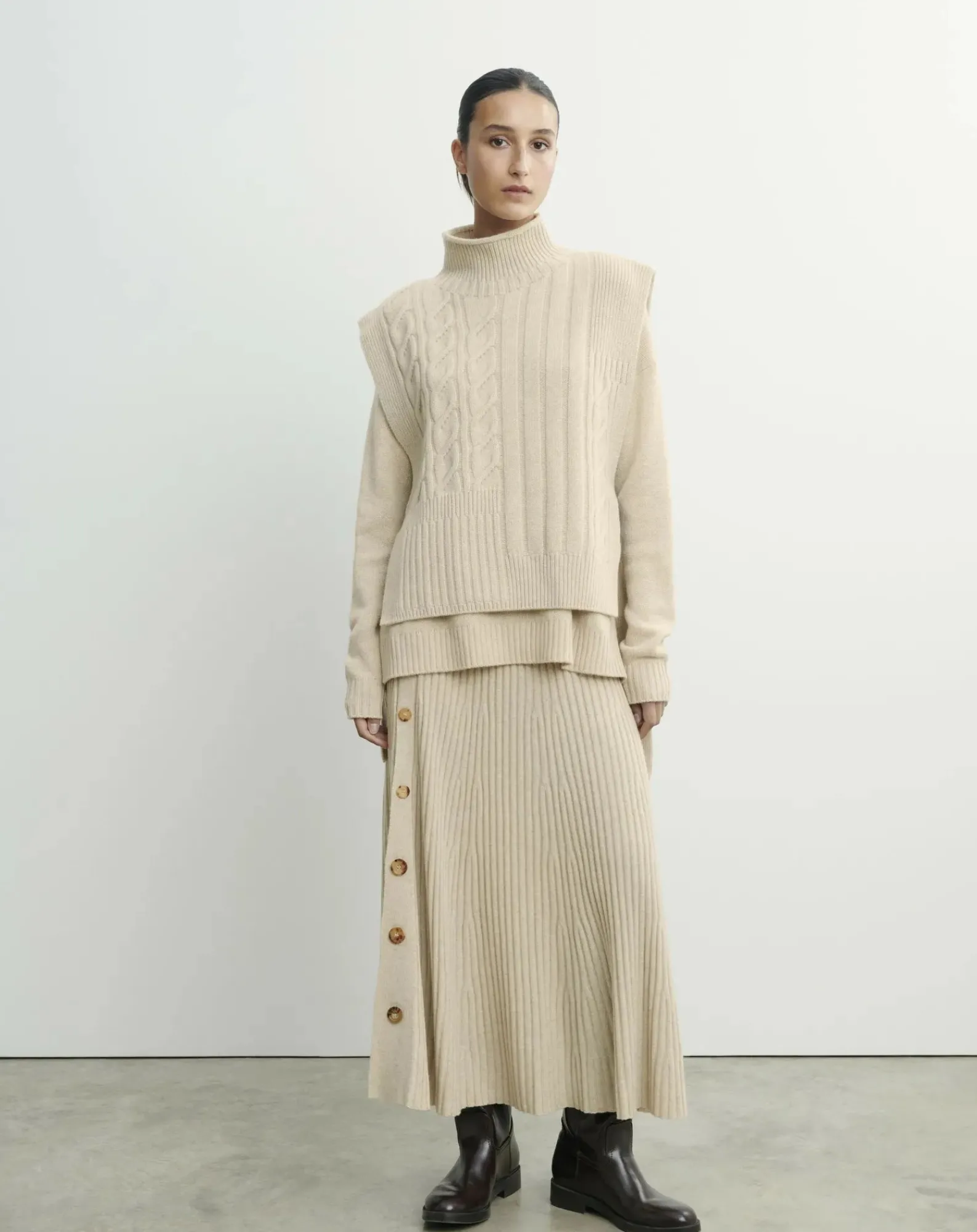 Bompard Pulls, Gilets-Long Belted Plastron Twists and Ribs Cashmere Avoine