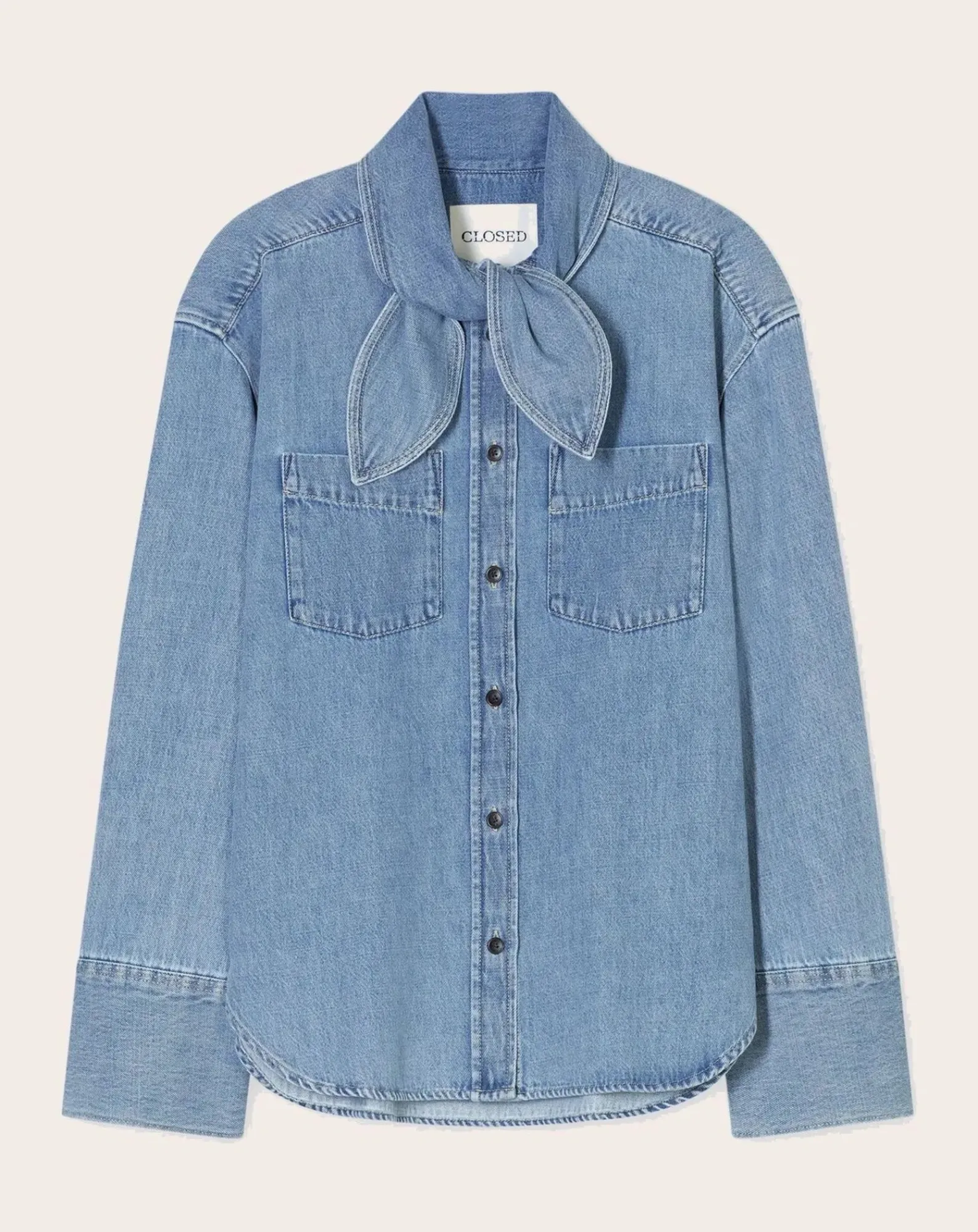 Closed Blouses, Chemises-Long-sleeved cotton shirt with lavaliere collar Bleu Clair