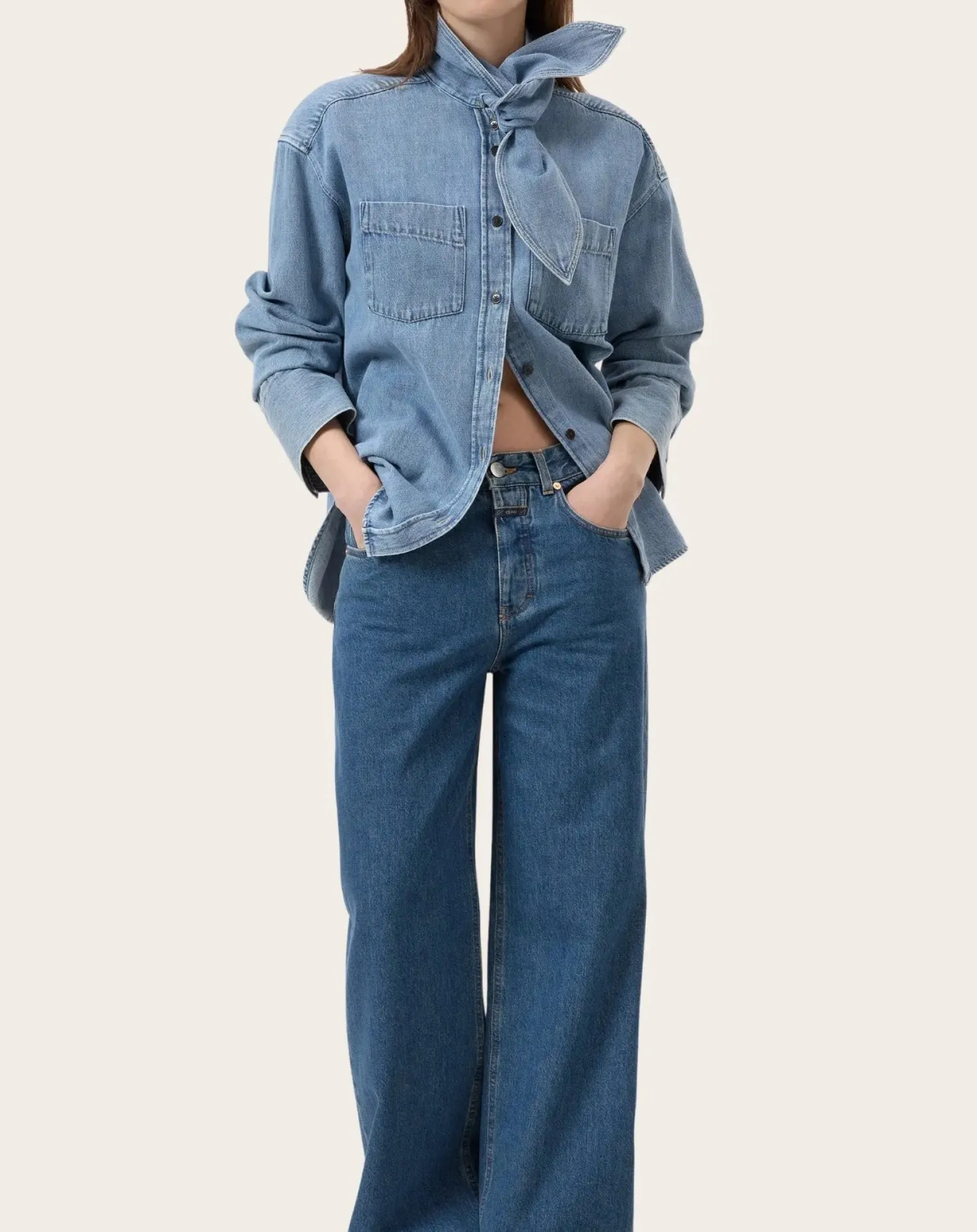 Closed Blouses, Chemises-Long-sleeved cotton shirt with lavaliere collar Bleu Clair