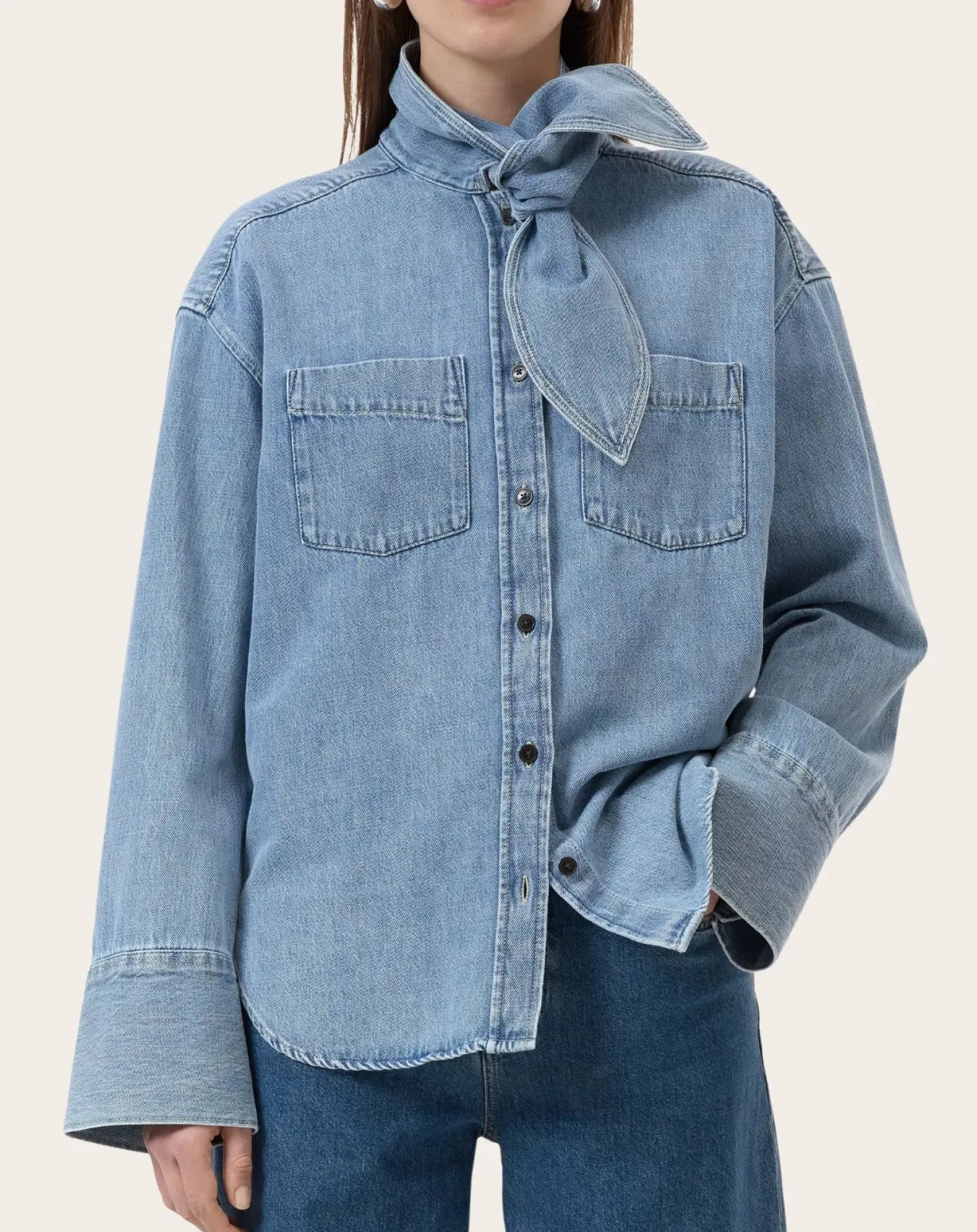 Closed Blouses, Chemises-Long-sleeved cotton shirt with lavaliere collar Bleu Clair