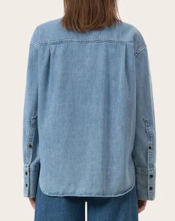 Closed Blouses, Chemises-Long-sleeved cotton shirt with lavaliere collar Bleu Clair