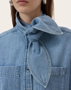 Closed Blouses, Chemises-Long-sleeved cotton shirt with lavaliere collar Bleu Clair