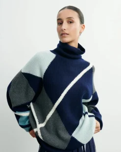 Bompard Pulls, Gilets-Oversize Argyle Intarsia Cashmere Sweater Bleu marine