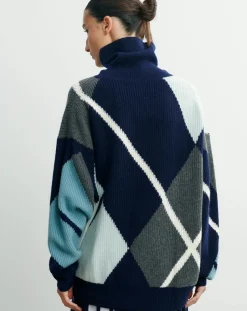 Bompard Pulls, Gilets-Oversize Argyle Intarsia Cashmere Sweater Bleu marine