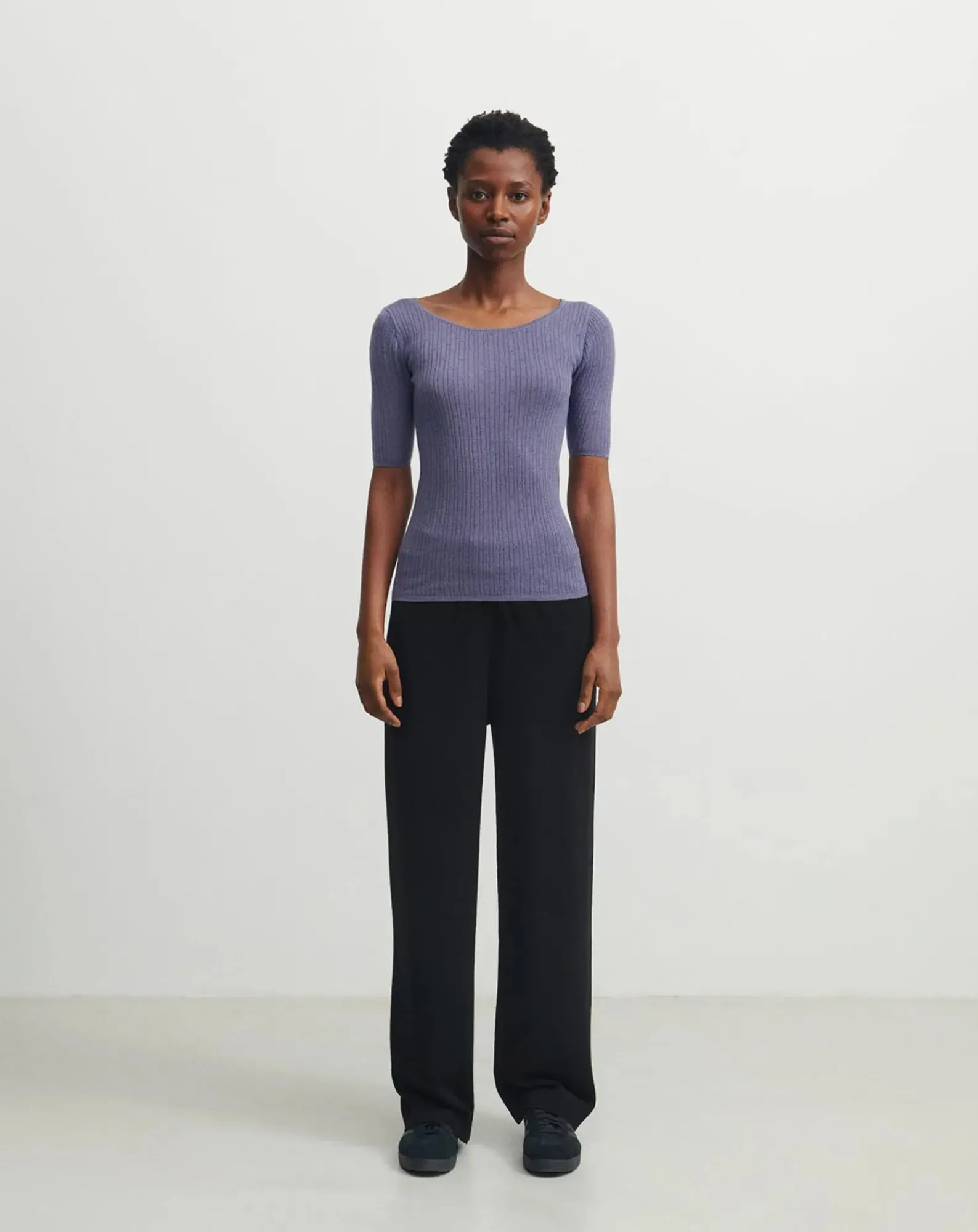 FUB Tee-Shirts, Tops-Pointelle Fine Knit Merino Wool Sweater - Women's Collection Violet
