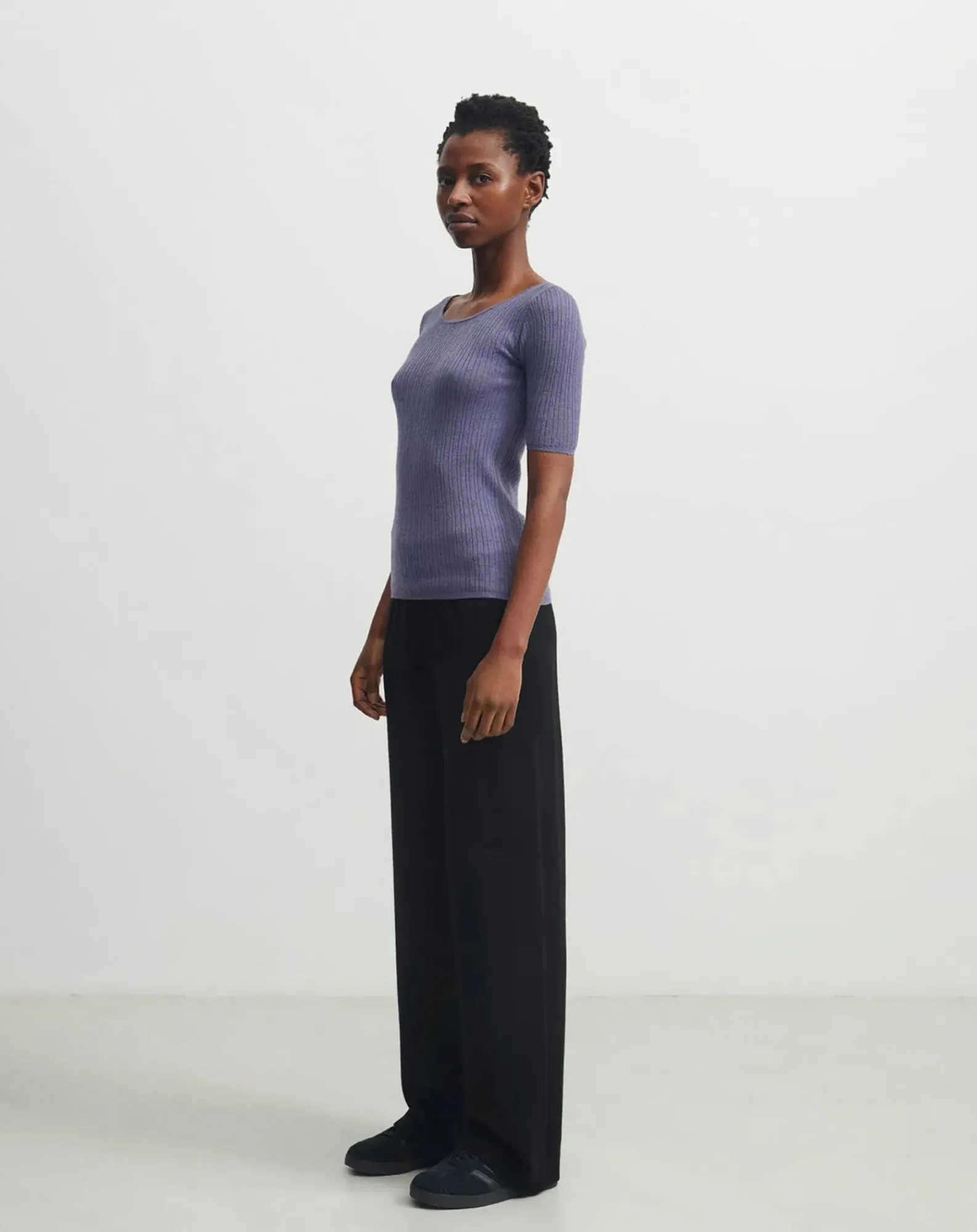 FUB Tee-Shirts, Tops-Pointelle Fine Knit Merino Wool Sweater - Women's Collection Violet