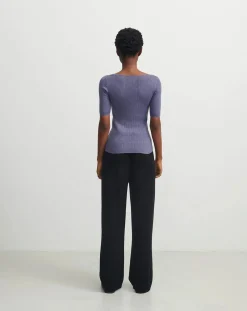 FUB Tee-Shirts, Tops-Pointelle Fine Knit Merino Wool Sweater - Women's Collection Violet