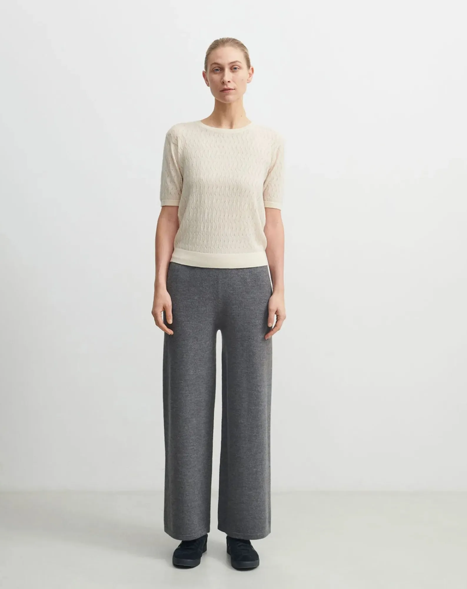FUB Tee-Shirts, Tops-Pointelle Fine Knit Merino Wool Sweater - Women's Collection Ecru