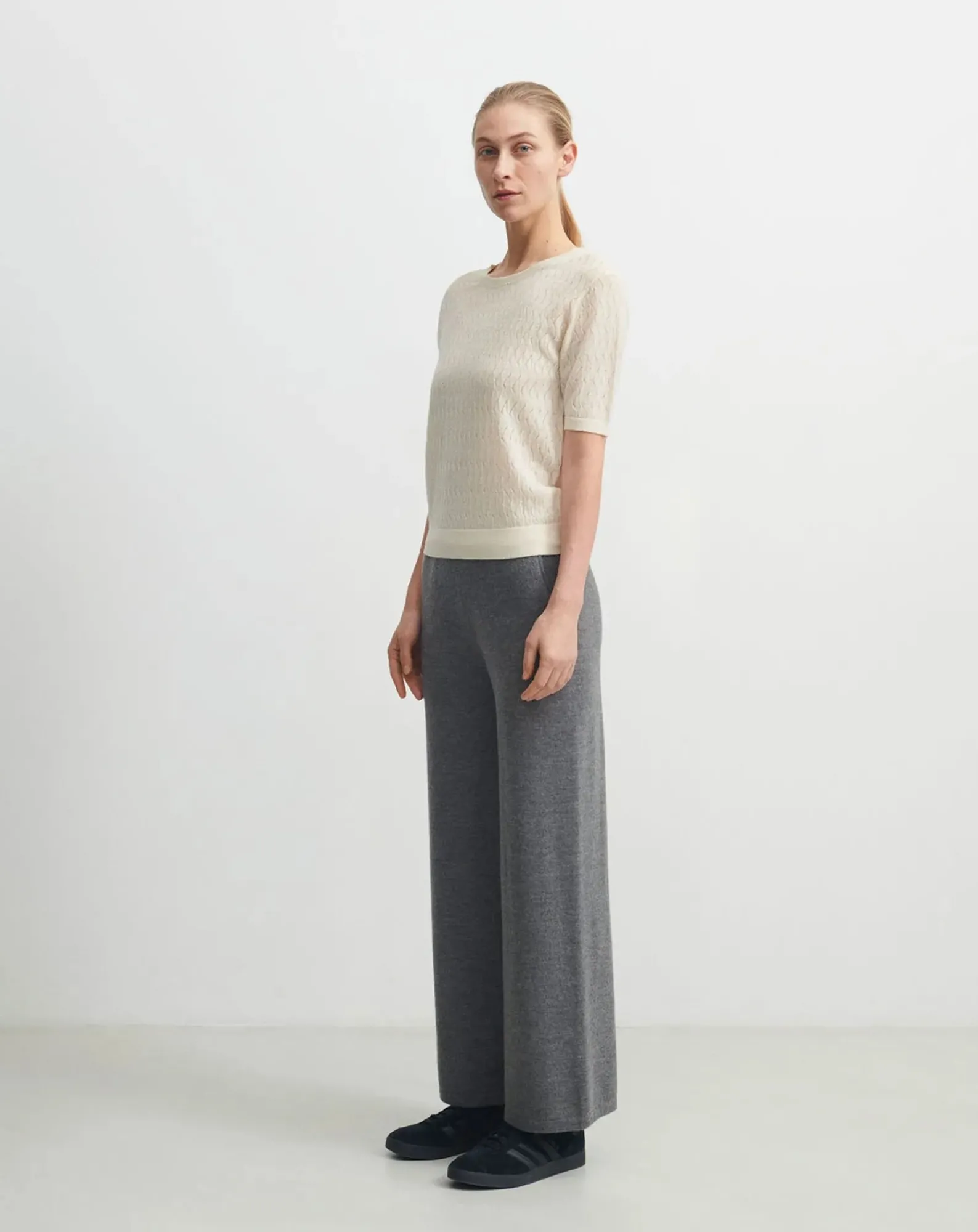 FUB Tee-Shirts, Tops-Pointelle Fine Knit Merino Wool Sweater - Women's Collection Ecru