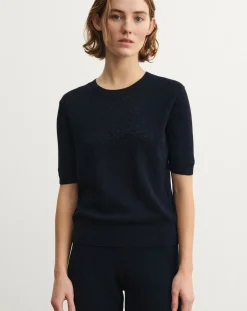 FUB Pulls, Gilets-Pointelle Merino Wool Short Sleeve Sweater - Women's Collection Bleu marine