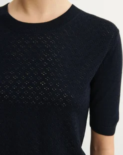 FUB Pulls, Gilets-Pointelle Merino Wool Short Sleeve Sweater - Women's Collection Bleu marine