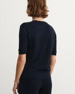 FUB Pulls, Gilets-Pointelle Merino Wool Short Sleeve Sweater - Women's Collection Bleu marine
