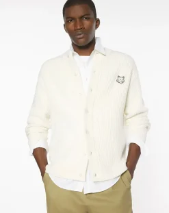 Maison Kitsuné Pulls, Gilets-Ribbed Wool Fox Head Cardigan Beige