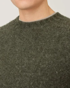 Sunspel Pulls, Gilets-Shetland Round Neck Sweater Vert kaki