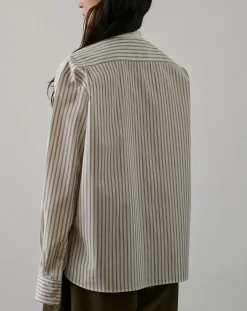 Soeur Blouses, Chemises-Striped Organic Cotton Bermuda Shirt Blanc cassé