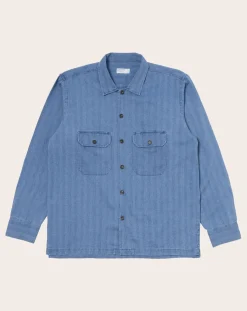 Universal Works Chemises-Utility Herringbone shirt Washed Blue